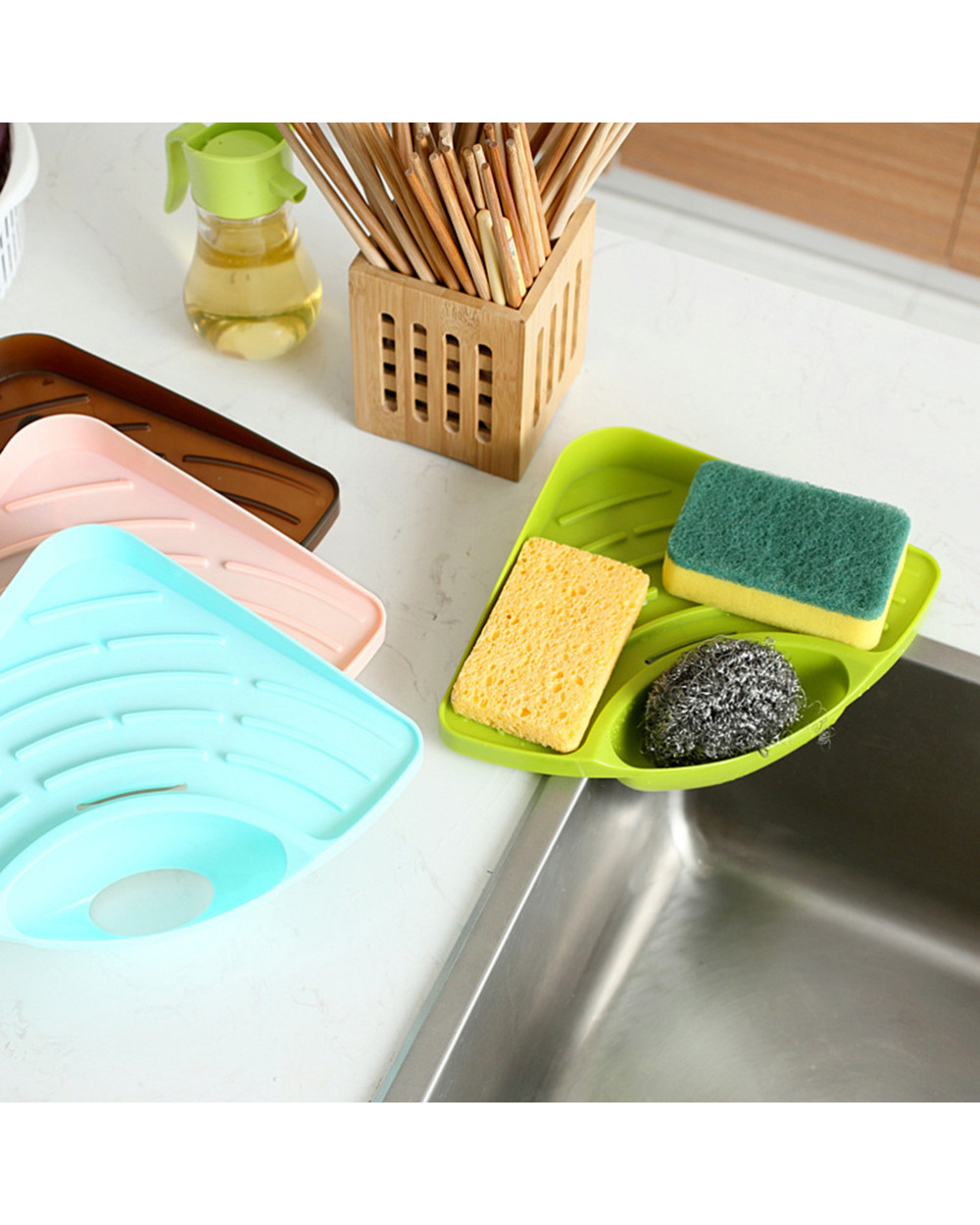Zlinkj 1Pcs Kitchen Bathroom Soap Sink Corner Storage Rack Sponge Holder Wall Mounted Dishes Drip Rack Dish Wall Storag front-2