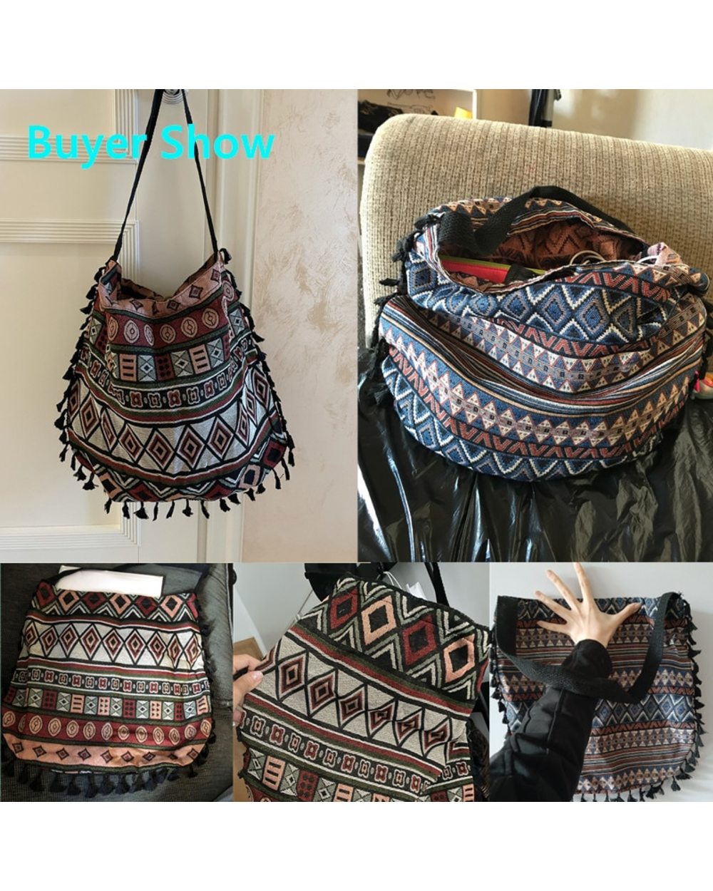 Vintage Bohemian Fringe Shoulder Bag Women Tassel Boho Hippie Gypsy Fringed Women's Handbags Open Bag Bags front-5