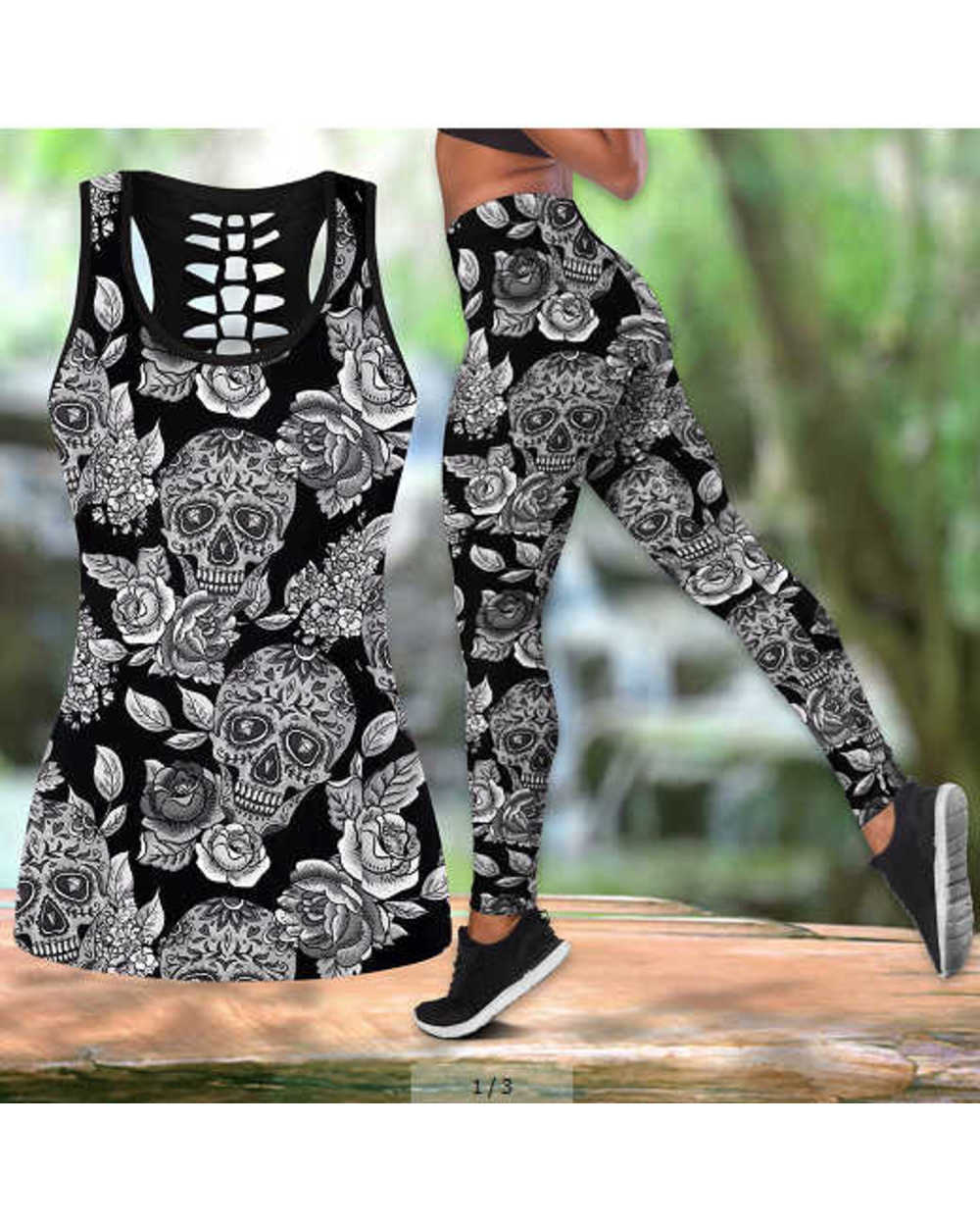 FCCEXIO 2Pcs Set Hollow Out Sportswear Women Clothes 3D Skull Print Fitness Yoga Suits Leggings Gym Workout Tank Top front-4