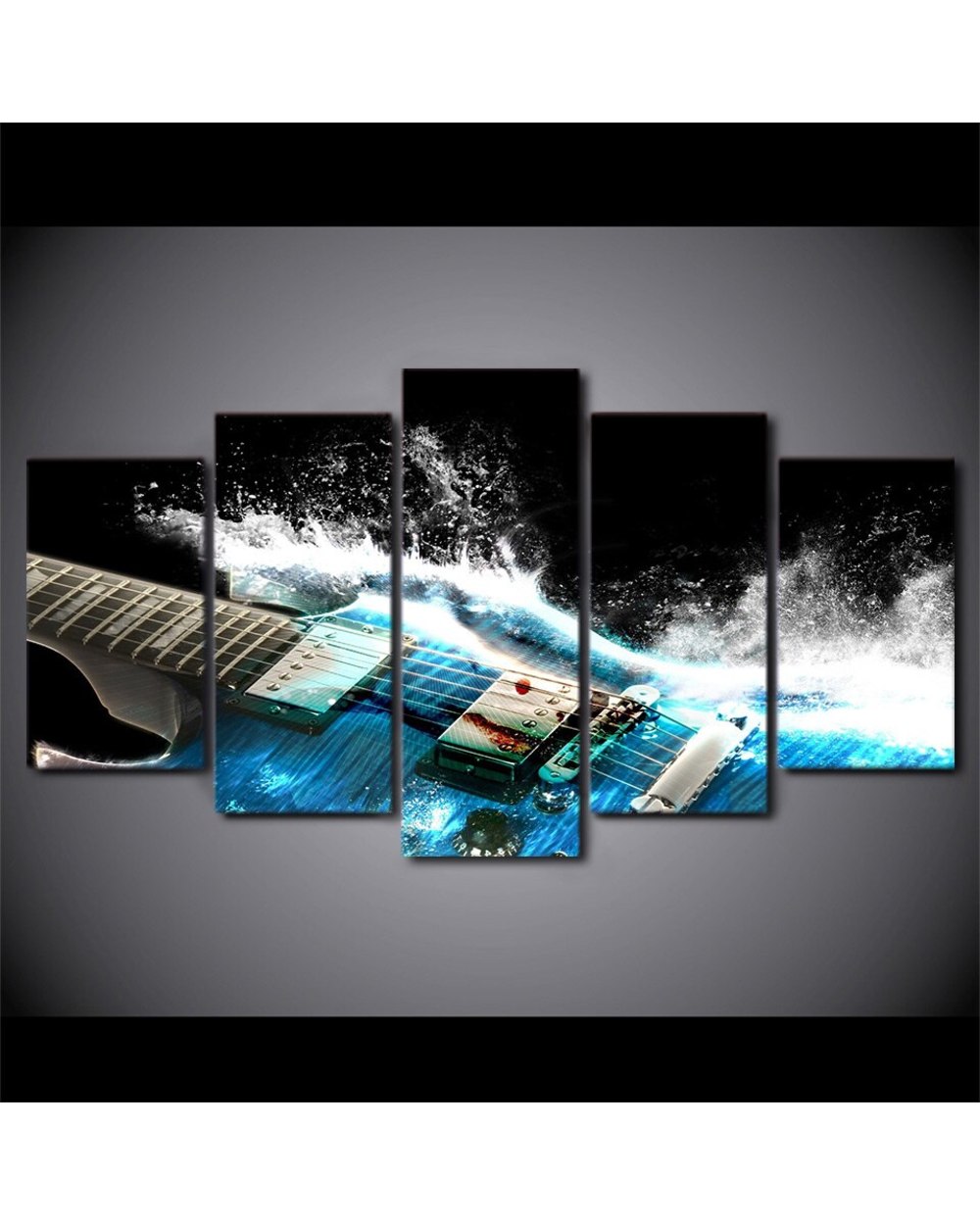 Abstract Blue Sea Colored Guitar Picture Music 5 Panel Canvas Art Wall Decor front-1