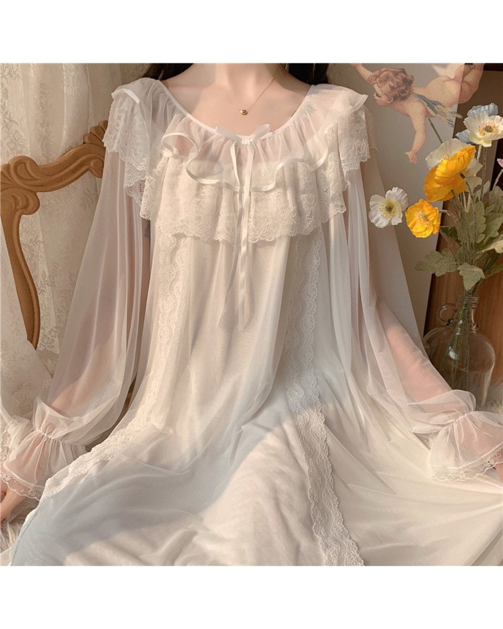 Princess Sleepwear White Lace Mesh Fairy Night Dress Victorian Vintage Nightgown Kawaii Loungewear front-0