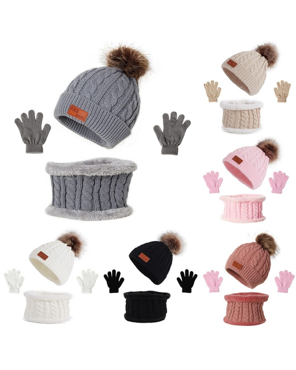 3Pcs Set Baby Winter Hat Pompom Children Hat Knitted Cute Warm Cap Scarf Gloves Suit For Girl Boy Casual Solid Color In front-5