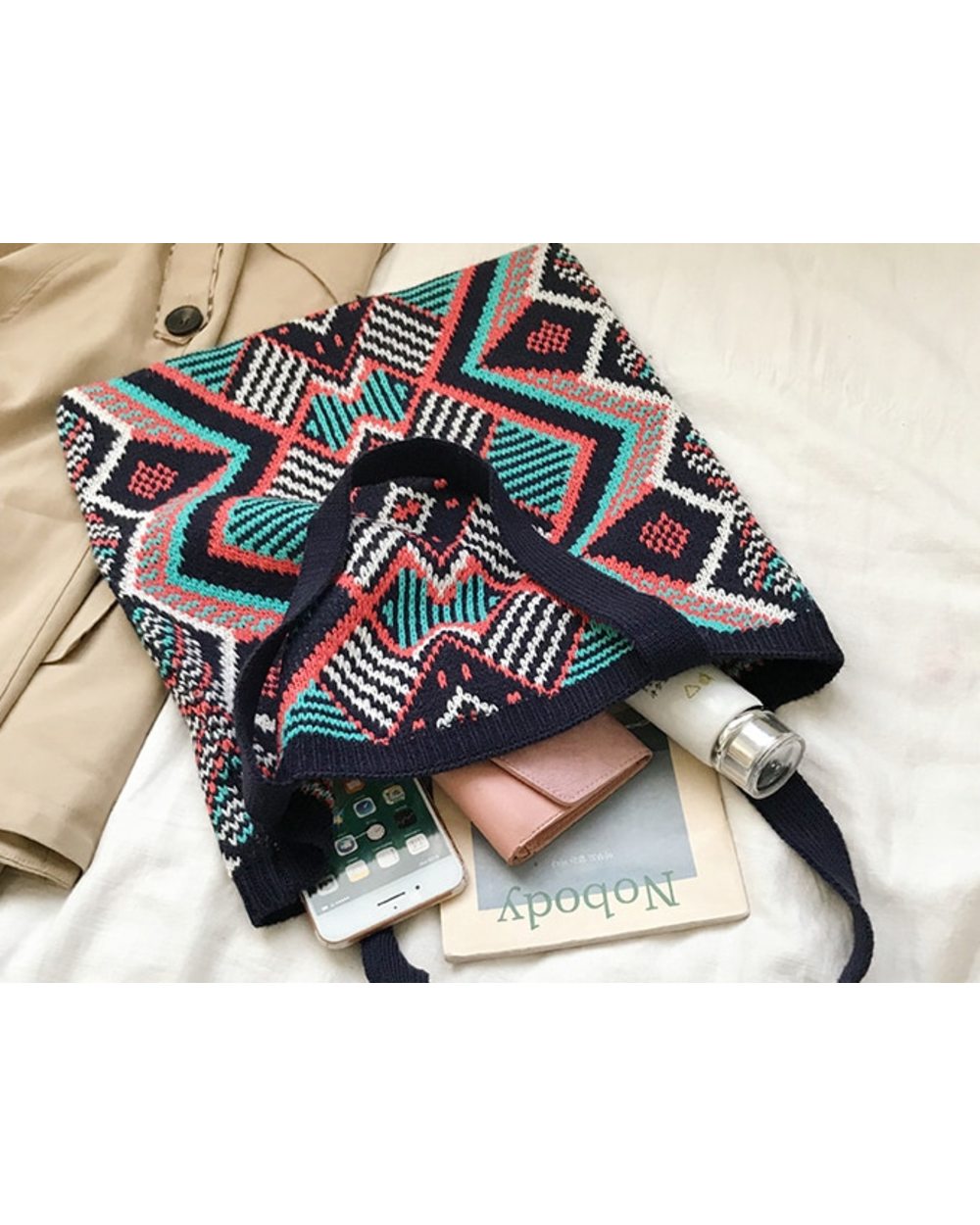 Tote Bag Lady Knitting Gypsy Bohemian Boho Chic Aztec front-3