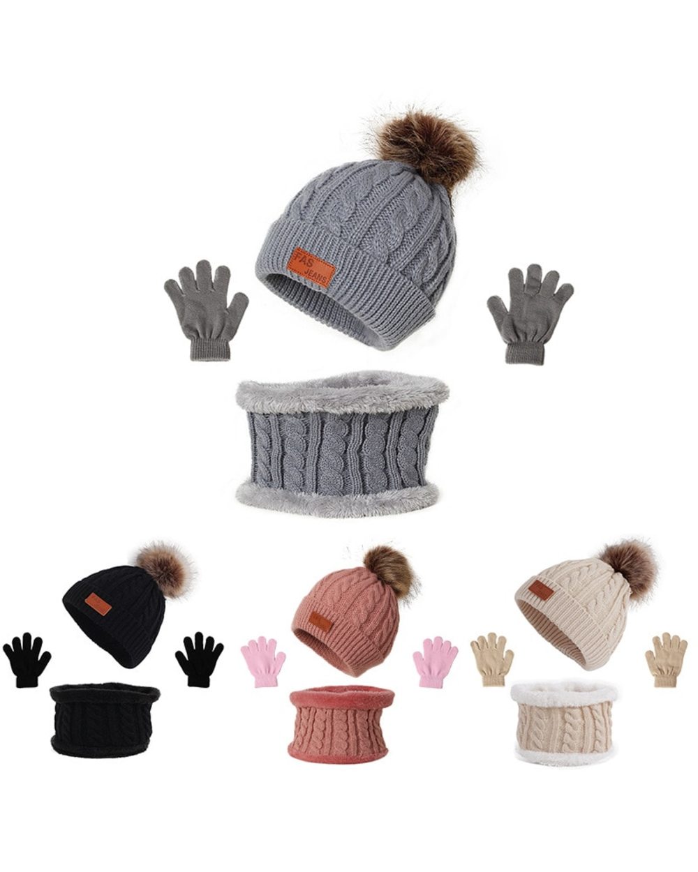 3Pcs Set Baby Winter Hat Pompom Children Hat Knitted Cute Warm Cap Scarf Gloves Suit For Girl Boy Casual Solid Color In front-4