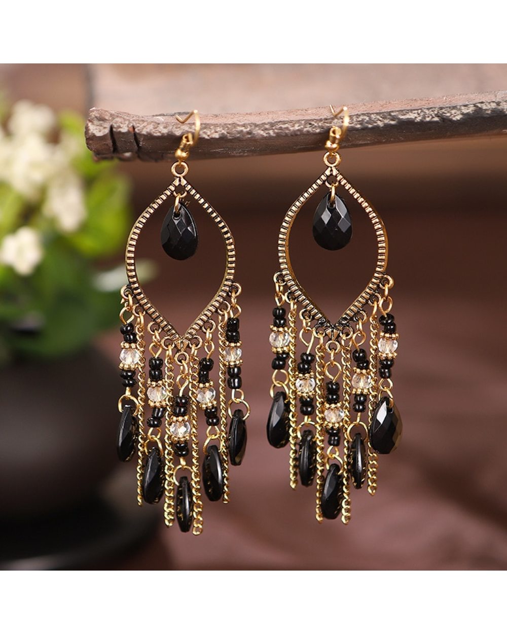 Antique Gold Plated Long Water Drop Tassel Earrings WCS front-3