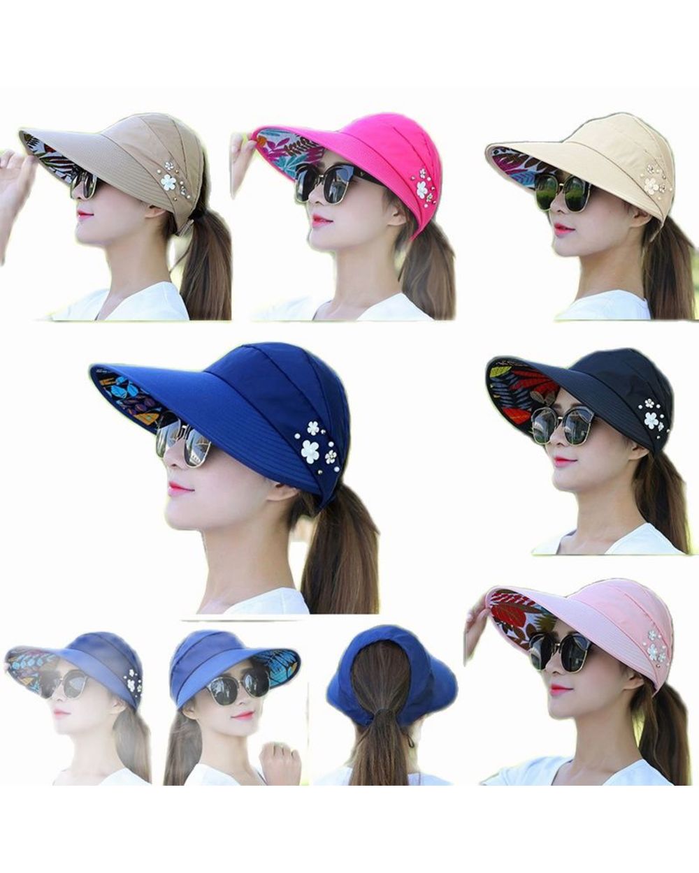 Summer Hats For Women Foldable Sun Hat Pearl Flower Visor Suncreen Floppy Cap Female Outdoor Casual Baseball Cap front-1